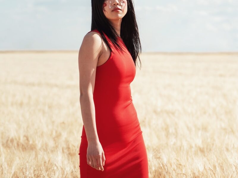 The art of slowing down -A woman in a red dress standing in a wheat field slowing down to soak in the moment.